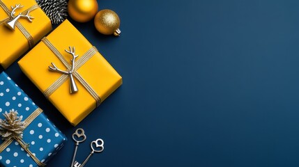 Colorful Christmas Gifts with Decorations on Blue Background