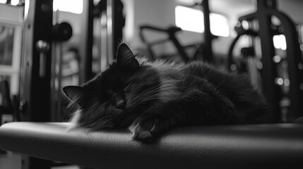 Sleeping Cat on Gym Equipment in Black and White Setting