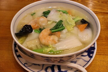 Japanese Chinese cuisine: seafood tanmen (hot noodles) in Tokyo, Japan