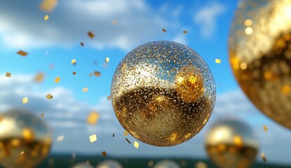 Glittering Gold Sphere in a Bright Sky with Shimmering Confetti