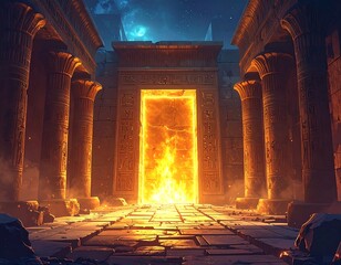 A magnificent stone temple entrance glows with an ethereal light, framed by ancient columns under a starry sky