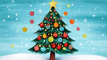 Festive Christmas Tree with Colorful Ornaments and Star Decoration