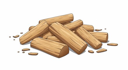 Wooden Dowel Pile: A detailed illustration captures a pile of wooden dowels, showcasing their cylindrical forms and the natural texture of the wood. The scene is simple and clean.