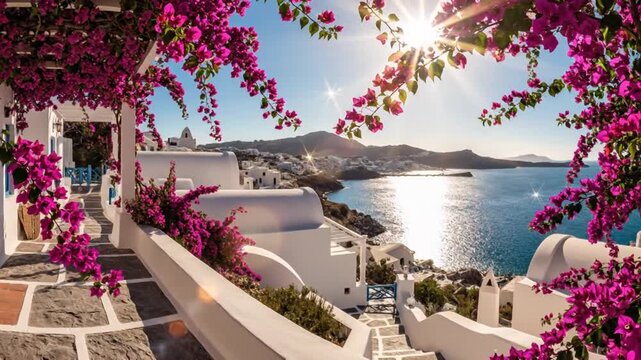 Beautiful Greek Island Village with Bougainvillea and Ocean View.