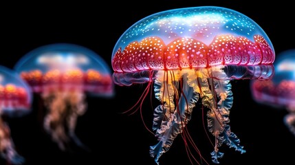 Colorful Jellyfish Gliding Gracefully Through Deep Dark Water