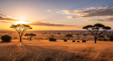 Obraz premium Scenic African Savannah Sunset with Majestic Trees and Wildlife under a Golden Sky