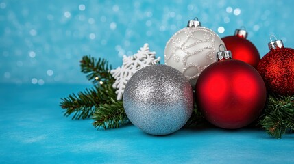 Colorful Christmas Ornaments on Green Spruce Branch with Sparkle