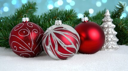 Festive Christmas Ornaments with Silver Accents on Snowy Background