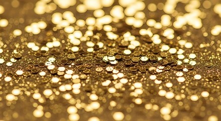 Closeup of shimmering gold glitter and bokeh lights, sparkling texture, festive and celebratory background