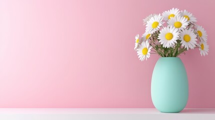 Bright Daisy Flowers in Mint Vase Against Pink Background