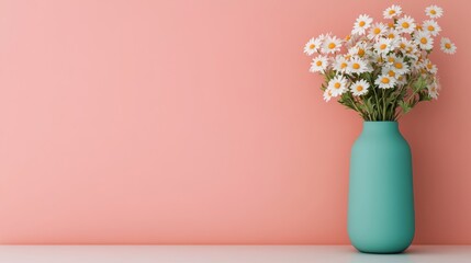 Elegant vase with white daisies against soft pink background