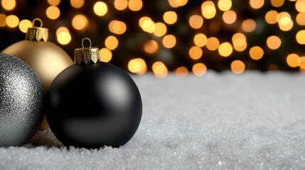 Elegant Christmas Ornaments on Snowy Surface with Warm Bokeh Lights