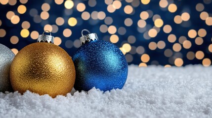 Colorful Christmas Ornaments on Snow with Soft Background Lights