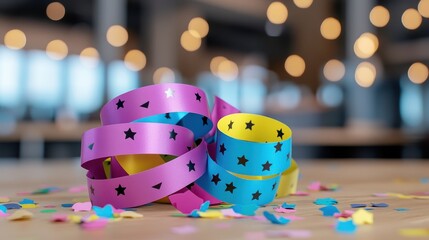 Colorful Party Streamers and Confetti on a Table in Bright Setting