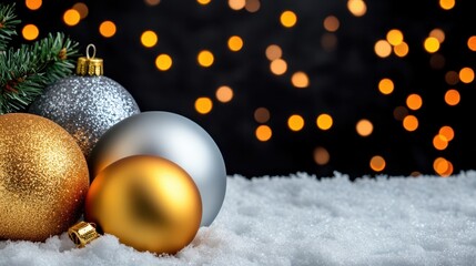 Festive Christmas Ornaments on Snow with Blurry Bokeh Background