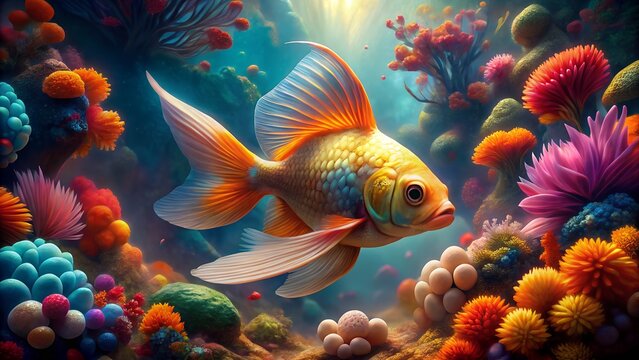 A vibrant goldfish with flowing orange fins swims gracefully amidst a colorful coral reef teeming with diverse marine life and anemones in a deep blue ocean