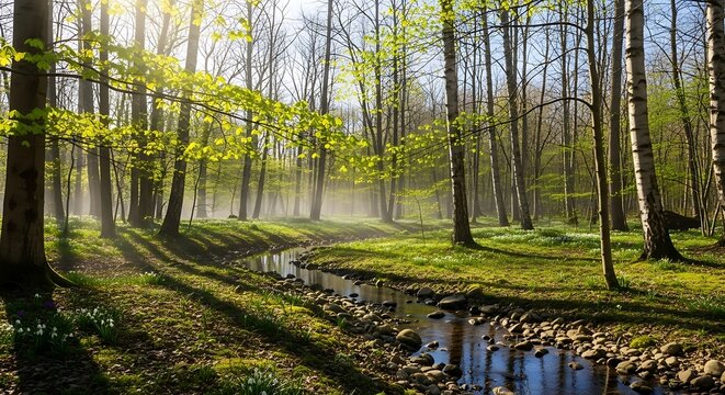 Serene woodland scenery featuring a gentle brook with beautiful sun rays shining through the fresh green canopy