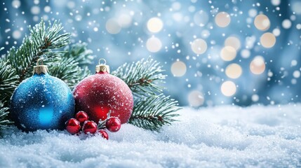 Colorful Christmas Ornaments with Snow and Frosty Background