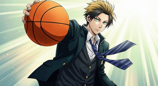 Dynamic Basketball Player: A young male athlete confidently extends a basketball towards the viewer, captured with artistic flair, dynamic action, focused intensity and athletic prowess.