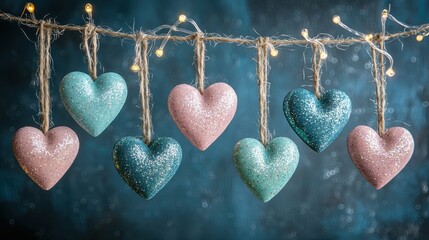 Decorative Hearts on a String with Twinkling Lights and Blue Background