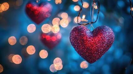Sparkling Heart Decorations with Fairy Lights in Soft Focus Background