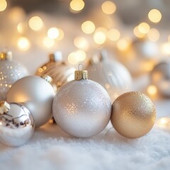 Elegant Silver and Gold Christmas Ornaments on Soft White Snow