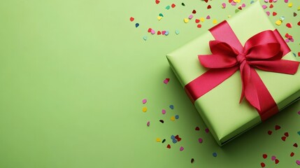 Green Gift Box with Red Ribbon and Colorful Confetti on Background