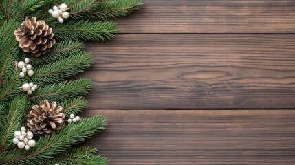 Festive Greenery with Pinecones and White Berries on Wooden Background
