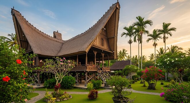 Traditional Tongkonan House in Toraja Indonesia at Sunset. - Powered by Adobe
