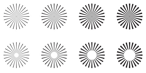 Radial circle lines. Circular lines elements. Symbol of Sun star rays. Spokes with radiating stripes. Retro burst elements decorative celebration design elements.  Line burst vector illustration.