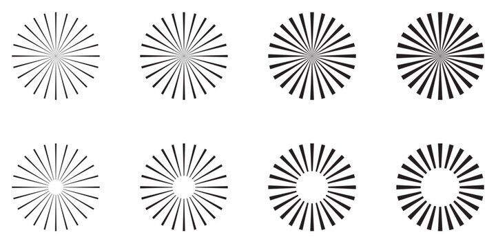 Radial circle lines. Circular lines elements. Symbol of Sun star rays. Spokes with radiating stripes. Retro burst elements decorative celebration design elements.  Line burst vector illustration.