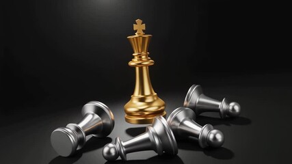 Golden chess king stands victorious over fallen silver pawns. Symbolizes strategic dominance, leadership, triumph, and success in business or life challenges.