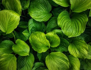 Close-up showcases vibrant green leaves with prominent veins and textured surfaces