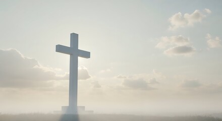 Divine Symbolism: A lone, monumental cross stands tall against a serene, sunlit sky, casting a shadow of faith and hope over the landscape. A visual embodiment of spirituality.