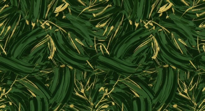 Dark green tropical leaves with gold accents, a seamless pattern with a painterly brushstroke texture