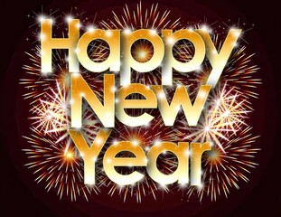 Festive Celebration Fireworks and Golden Happy New Year Sign