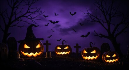 Fototapeta premium Spooky Halloween Night: An eerie twilight scene sets the stage for Halloween with glowing jack-o'-lanterns, silhouetted trees, and bats under a moody sky, evoking a sense of chilling excitement.