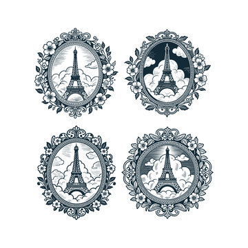 A sophisticated set of four vintage engraving style illustrations featuring the Eiffel Tower nestled among clouds and framed by ornate floral wreaths and borders