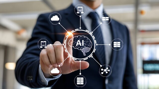 A businessman in a suit interacting with a glowing digital interface showing an ai brain icon surrounded by cloud server and data network symbols - Powered by Adobe