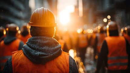Photograph from behind construction workers in safety vests walking on-site, as the sun flares brightly behind them, creating a hopeful, powerful mood.