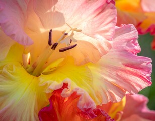 Close-up showing pink, orange, and yellow gladiolus petals illuminated by bright sunlight