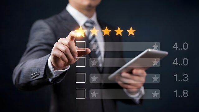 A businessman in a dark suit interacting with a glowing digital interface showing five-star ratings and numerical review scores in a dark workspace - Powered by Adobe