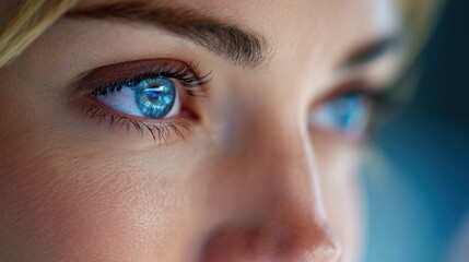 Fototapeta premium Gazing into the Blue: A close-up shot of woman's captivating blue eye, revealing intricate details of the iris. Her focused expression suggests a moment of deep contemplation and clarity.