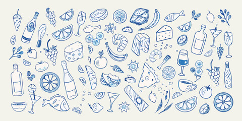 Obraz premium Whimsical hand drawn food and drink elements collection with blue outline on cream background