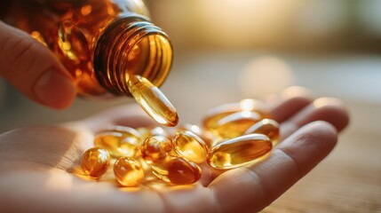 Nourishment in Hand: A close-up shot captures the act of dispensing essential supplements, a symbol of personal care and wellness, as golden capsules cascade into an open palm.