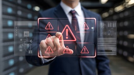 A businessman in a suit interacting with a glowing digital interface showing red warning icons ai symbols and system data overlays in a dark workspace