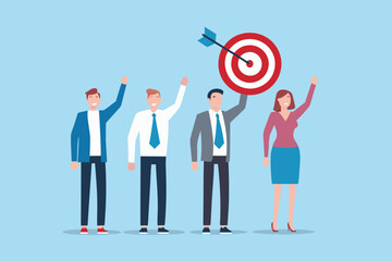 Diverse business team celebrating success by holding a bullseye target with an arrow hitting the center