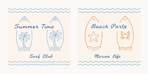 Summer beach party surf club marine life design with surfboards palm trees starfish and crab