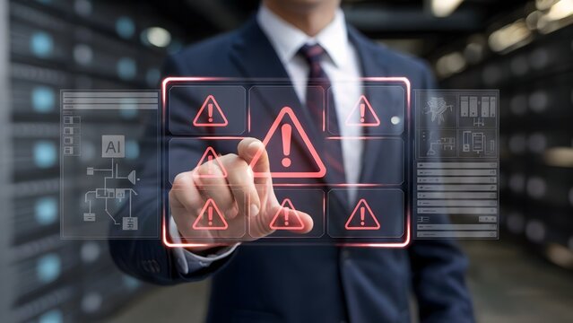 A businessman in a suit interacting with a glowing digital interface showing red warning icons ai symbols and system data overlays in a dark workspace