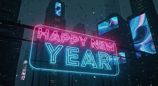 Futuristic Neon Happy New Year Celebration Downtown Cityscape